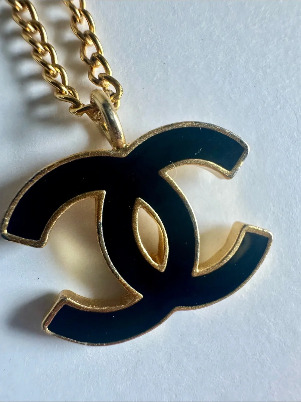 Vintage CHANEL 02A Black Enamel Gold CC Logo Pendant Necklace
